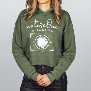 7502 Model Mockup Military Green Bella Canvas, Women&#39;s Cropped Fleece Hoodie Mock Up Model Hoodie Mockup Crop Hoodie Sweatshirt Mockup