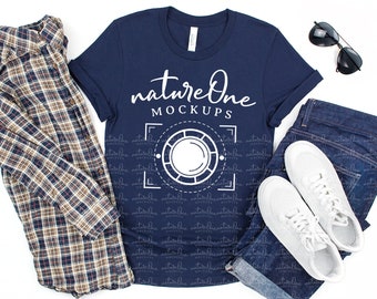 Bella Canvas 3001 Navy Men Mockup, Mens Shirt Mockup, Man T-Shirt Styled Mock Up, Flat Lay Men Lifestyle Shirt Male Masculine Mockup