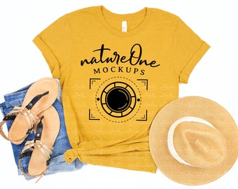 Bella Canvas 3001 Heather Mustard Mockup / Unisex T-Shirt Summer Holiday Lifestyle Mock Up / Flat Lay Shirt Styled Mockup / White Background