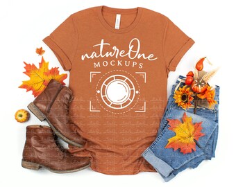 Fall 3001 Bella Canvas Heather Autumn Mockup, Fall Autumn Lifestyle Shirt Flat Lay, Unisex T-Shirt Mock Up, SVG Mockup, Fall Styled Mockup
