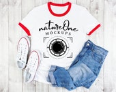 Ringer T-Shirt Mock Up Unisex Ringer Shirt White Red Ringer Tee Mockup Flat Lay Blank Unisex Men Women Youth Ringer Tee Display