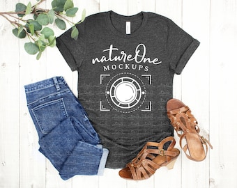 Bella Canvas 3001 Dark Grey Heather Mockup, Travel Nature Hike Hiking Outdoor Mockup, Unisex T-Shirt Mock Up, Flat Lay, Styled Mockup