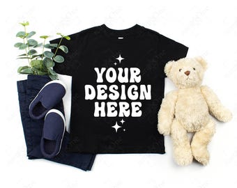 Bella Canvas 3001T Black T-Shirt Mockup Toddler Kids Shirt Mock Up Flatlay Girls Boys Tee Flat Lay Real Photo Cute Cozy Neutral