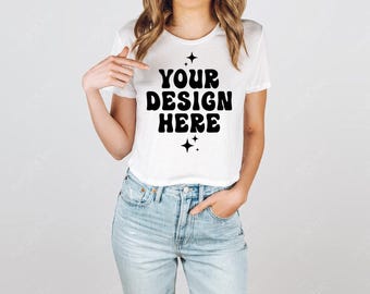Bella Canvas 8882 Mockup White Cropped T-Shirt Model Mock Up Flowy Crop Tee Mockup Shirt TShirt Studio Model Mockup