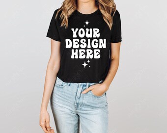 Bella Canvas 8882 Mockup Czarny Krótki T-shirt Model Mock Up Luźny Krótki T-shirt Mockup Koszulka T-shirt Studio Model Mockup