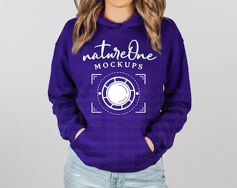18500 Purple Hoodie Mockup, Gildan Purple G185 Sweatshirt Unisex Crewneck Sweater Model Mock Up Winter