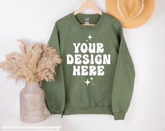 Gildan 18000 Military Green Sweatshirt Mockup | G180 Crewneck Sweater Mock Up | Boho Hanging Hanger Real Photo Mockup POD (Digital Download)