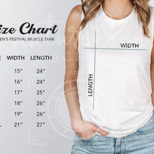 Peut inclure: Tableau des tailles pour un débardeur de festival musculaire pour femme. Le tableau indique la taille, la largeur en pouces et la longueur en pouces pour les tailles XS, S, M, L, XL et 2XL.