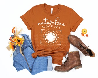 Fall Bella Canvas 3001 Autumn Mockup / Unisex T-Shirt Autumn Lifestyle Mock Up / Flat Lay Shirt Styled Mockup / White Background