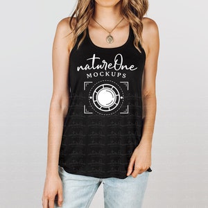 Bella Canvas 8800 Black Mockup 8800 Tank Top Mockup Women&#39;s Flowy Racerback Model Mockup Black Tank Top Mock Up Black Racerback Tank Mockup