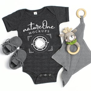 Cute 100B Dark Grey Heather Bella Canvas Bodysuit Mockup, Baby Bodysuit Mockup, Baby One Piece Flat Lay Mock Up