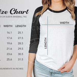 Bella Canvas 3200 Size Chart Mockup, Raglan Shirt Sizing Chart, Unisex 3/4 Sleeve Baseball Shirt Size Guide, Sizing Chart Measurement