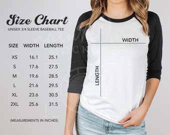 Bella Canvas 3200 Size Chart Mockup, Raglan Shirt Sizing Chart, Unisex 3/4 Sleeve Baseball Shirt Size Guide, Sizing Chart Measurement