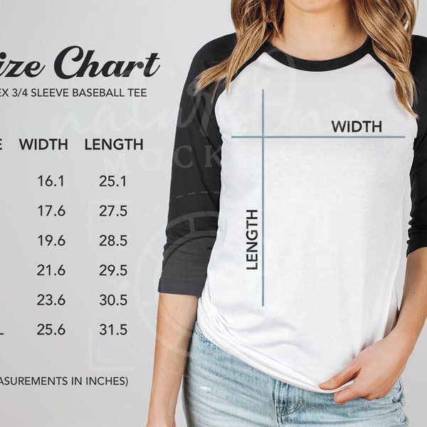 Bella Canvas 3200 Size Chart Mockup, Raglan Shirt Sizing Chart, Unisex 3/4 Sleeve Baseball Shirt Size Guide, Sizing Chart Measurement