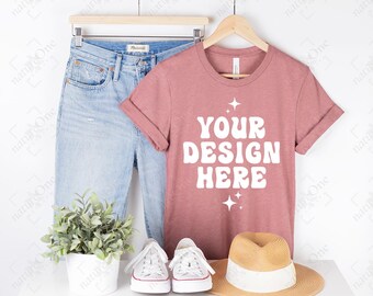 Bella Canvas 3001 Heather Mauve Mockup, 3001 Mockup, Heather Mauve T-Shirt Mockup, Hanging Shirt Lifestyle Mockup Hanger Mock Up