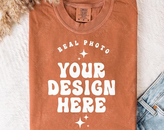 Comfort Colors 1717 Yam Folded T-Shirt Mockup CC 1717 Orange Flatlay Mock Up Tee Real Photo Simple Minimal Trendy Casual Neutral Boho