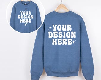 Front and Back Gildan 18000 Indigo Mockup Indigo Sweatshirt Mockup G180 Crewneck Mockup Hanging Hanger Mock Up Simple Neutral Minimalist