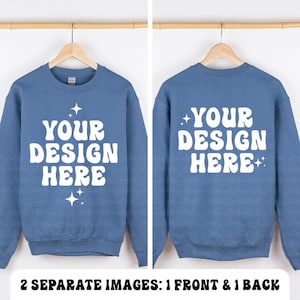 Front and Back Gildan 18000 Indigo Mockup Indigo Sweatshirt Mockup G180 Crewneck Mockup Hanging Hanger Mock Up Simple Neutral Minimalist