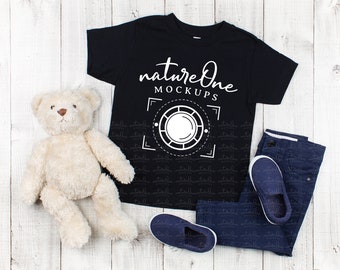 Bella Canvas 3001T Black Kids T-Shirt Mockup | Unisex Toddler Shirt Mock Up | Boys Tee Shirt Flat Lay