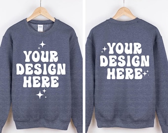 Fram och bak Gildan 18000 Heather Dark Navy Mockup Sweatshirt G180 Crewneck Hängande Galge Mockup Enkel Neutral Minimalistisk
