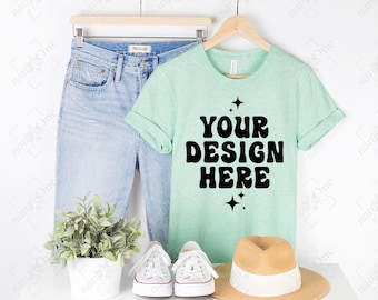 Bella Canvas 3001 Heather Prism Mint Mockup, 3001 Mockup, Heather Prism Mint T-Shirt Mockup, Hanging Shirt Lifestyle Mockup Hanger Mock Up