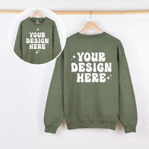 Front and Back Gildan 18000 Military Green Mockup Sweatshirt Mockup G180 Crewneck Mock Hanging Hanger Mock Up Simple Neutral Minimalist