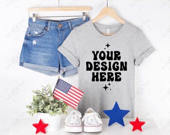 Bella Canvas 3001 Athletic Heather 4th of July T-Shirt Mockup Patriotic Tee Mock Up Independence Day Hanging Hanger Real Photo POD