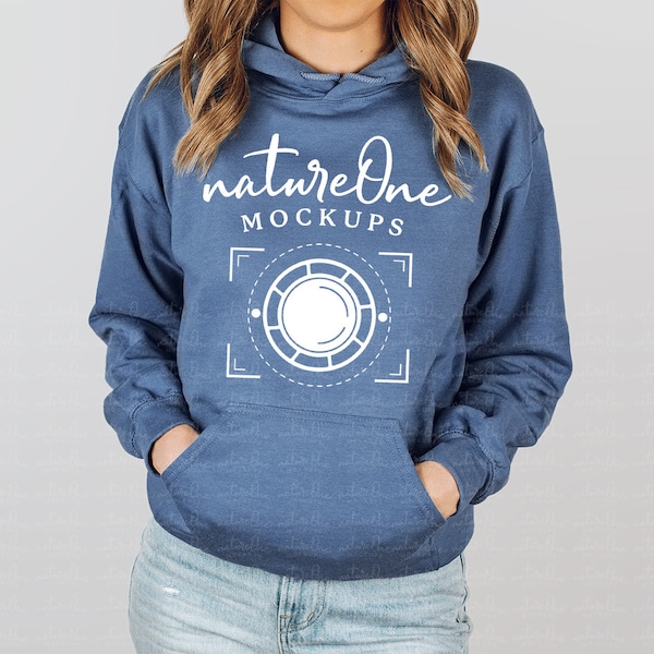 18500 Indigo Hoodie Mockup, Gildan Indigo G185 Sweatshirt Unisex Crewneck Sweater Model Mock Up Winter