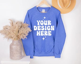 Gildan 18000 Heather Sport Royal Sweatshirt Mockup | G180 Crewneck Sweater Mock Up | Boho Hanging Hanger | POD (Digital Download)