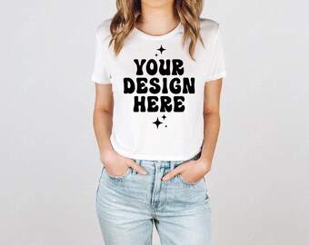 8882 Mockup White Bella Canvas Cropped T-Shirt Model Mock Up Flowy Crop Tee Mockup Shirt TShirt Studio Model Mockup