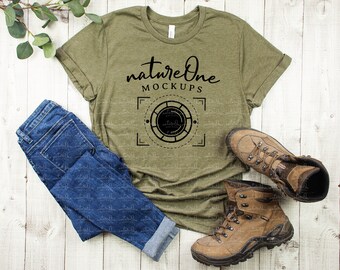Bella Canvas 3001 Heather Olive Mockup, Travel Nature Hike Hiking Outdoor Mockup, Unisex T-Shirt Mock Up, Flat Lay, Styled Mockup