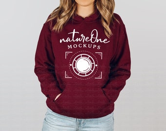 18500 Maroon Hoodie Mockup, Gildan Maroon G185 Sweatshirt Unisex Crewneck Sweater Model Mock Up Winter