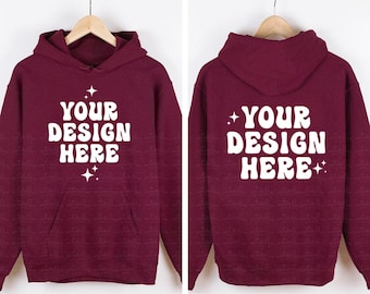 Front and Back Gildan 18500 Maroon Mockup Hoodie Mockup G185 Hooded Sweatshirt Mockup Hanging Hanger Mock Up Simple Neutral Minimalist