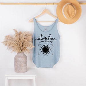 Next Level 5033 Stonewash Denim Mockup, Women&#39;s Festival Tank Mock Up, Light Blue Hanging Shirt Tank Top Mockup