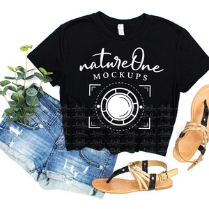 Bella Canvas 8882 Mockup Black Crop Top Mock Up, Flowy Crop Tee Mockup Flat Lay, Cropped T-Shirt Mockup