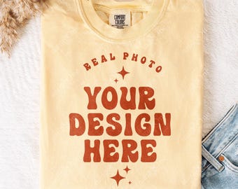 Comfort Colors 1717 Butter Folded T-Shirt Mockup CC 1717 Yellow Flatlay Mock Up Tee Real Photo Simple Minimal Trendy Casual Neutral Boho