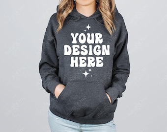 Gildan 18500 Dark Heather Hoodie Mockup, G185 Model Sweatshirt Mock Up, Crewneck Sweater Winter Mock, Real Photo Mockup (Digital Download)