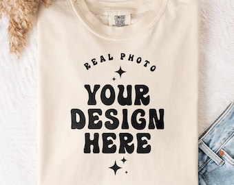 Comfort Colors 1717 Ivory Folded T-Shirt Mockup CC 1717 Beige Flatlay Mock Up Tee Real Photo Mock Simple Minimal Trendy Casual Neutral Boho