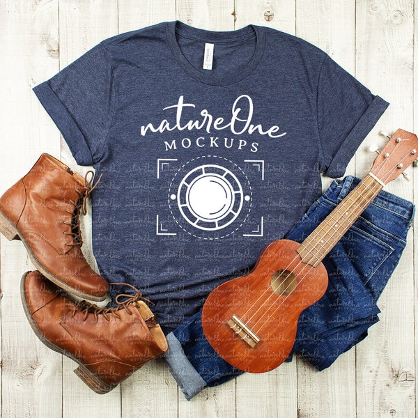 Bella Canvas 3001 Heather Navy Mockup / Unisex T-Shirt Lifestyle Mock Up / Flat Lay Tee Shirt Styled Mockup / Wood Background Ukulele Guitar