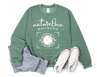 Gildan 18000 Heather  Dark Green Sweatshirt Mockup, G180 Unisex Heavy Blend Crewneck Sweatshirt Mock Up, Flat Lay Gildan Sweater Mockup