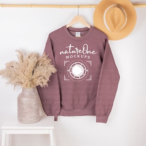 Gildan 18000 Heather Sport Dark Maroon Sweatshirt Mockup, Boho Hanging G180 Unisex Heavy Blend Crewneck Sweatshirt Hanger Sweater Mock Up