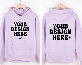 Fram och bak Gildan 18500 Orchid Mockup Hoodie Mockup G185 Hoodie Mockup Hängande Galge Mockup Enkel Neutral Minimalistisk