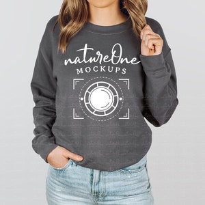 Charcoal 18000 Gildan Sweatshirt Mockup, Grey G180 Unisex Crewneck Sweatshirt Model Mock Up Winter
