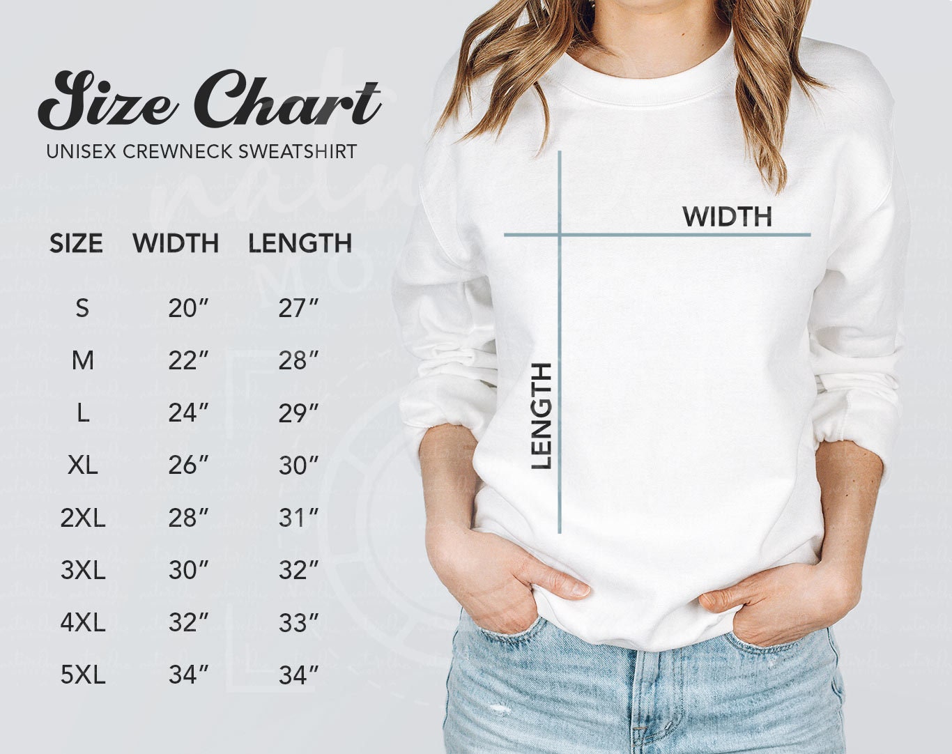 Gildan 18000 Size Chart Mockup, Crewneck Sweatshirt Sizing Chart