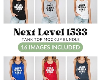 Könnte beinhalten: Eine Kollektion von sechs Tanktops in Schwarz, Grau, Weiß, Blau, Rot und Marineblau, jeweils mit dem Text YOUR DESIGN HERE und Sternakzenten. Das Bild enthält den Text Next Level 1533 TANK TOP MOCKUP BUNDLE 16 IMAGES INCLUDED.