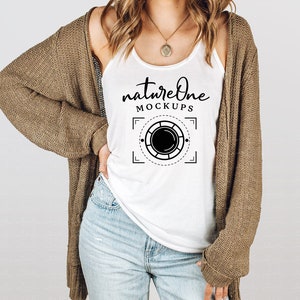 Bella Canvas 8800 White Mockup 8800 Tank Top Mockup Women&#39;s Flowy Racerback Model Mockup White Tank Top Mock Up White Racerback Tank Mockup