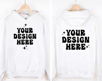 May include: A white hooded sweatshirt featuring the black text YOUR DESIGN HERE in a bold, wavy font on both the front and back. The design includes small four-pointed star accents surrounding the text. The hoodie has a front kangaroo pocket.