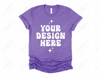 Maqueta de camiseta Bella Canvas 3001 Heather Team Purple, maqueta de camiseta plana, maqueta de camiseta, camiseta básica sencilla con fondo blanco