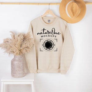 Gildan 18000 Sand Sweatshirt Mockup, Boho Hanging G180 Unisex Heavy Blend Crewneck Sweatshirt Mock Up, Hanger Gildan Sweater Mockup