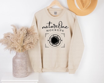Gildan 18000 Sand Sweatshirt Mockup, Boho Hanging G180 Unisex Heavy Blend Crewneck Sweatshirt Mock Up, Hanger Gildan Sweater Mockup